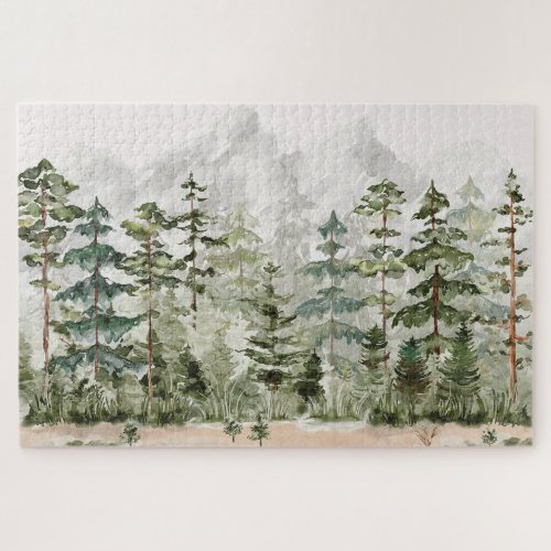 Watercolor Green Pine Forest on Mountain Jigsaw Puzzle