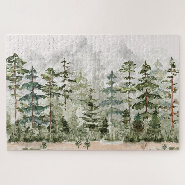 Watercolor Green Pine Forest on Mountain Jigsaw Puzzle (Horizontal)