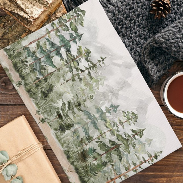 Watercolor Green Pine Forest on Mountain Kitchen Towel (In situ Kitchen table)