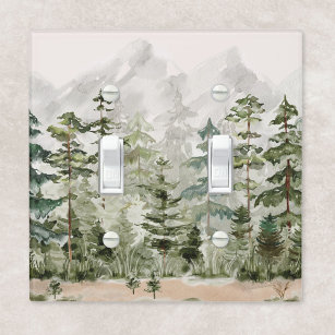 Watercolor Green Pine Forest on Mountain Light Switch Cover