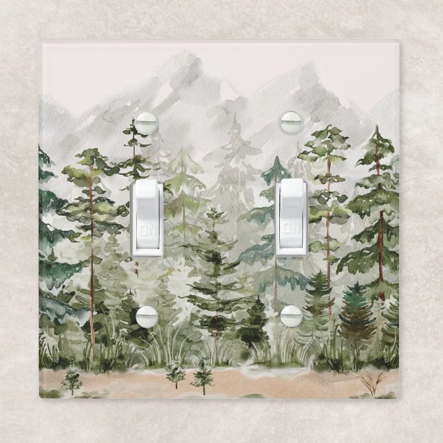 Watercolor Green Pine Forest on Mountain Light Switch Cover (In situ wall)