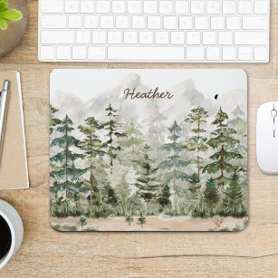 Watercolor Green Pine Forest on Mountain Mouse Pad