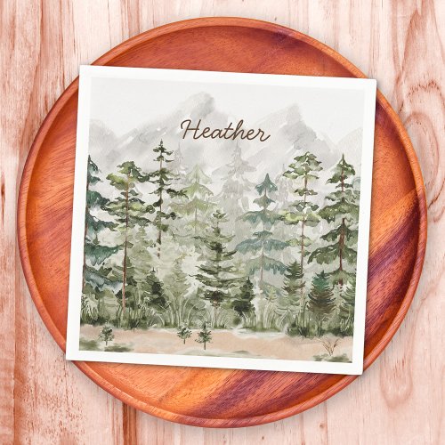 Watercolor Green Pine Forest on Mountain Napkins