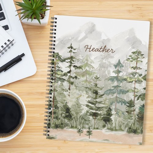 Watercolor Green Pine Forest on Mountain Notebook