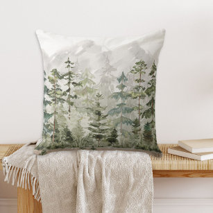 Watercolor Green Pine Forest on Mountain Outdoor Pillow