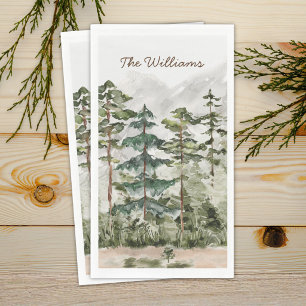 Watercolor Green Pine Forest on Mountain Paper Guest Towels