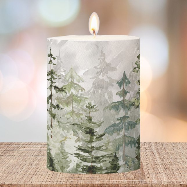 Watercolor Green Pine Forest on Mountain Pillar Candle (In situ)