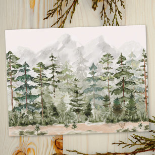 Watercolor Green Pine Forest on Mountain Postcard