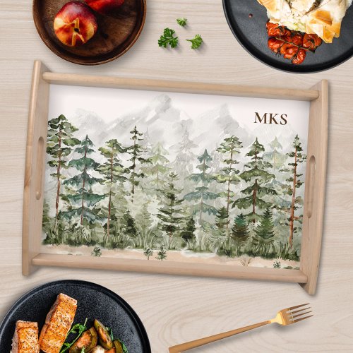 Watercolor Green Pine Forest on Mountain Serving Tray