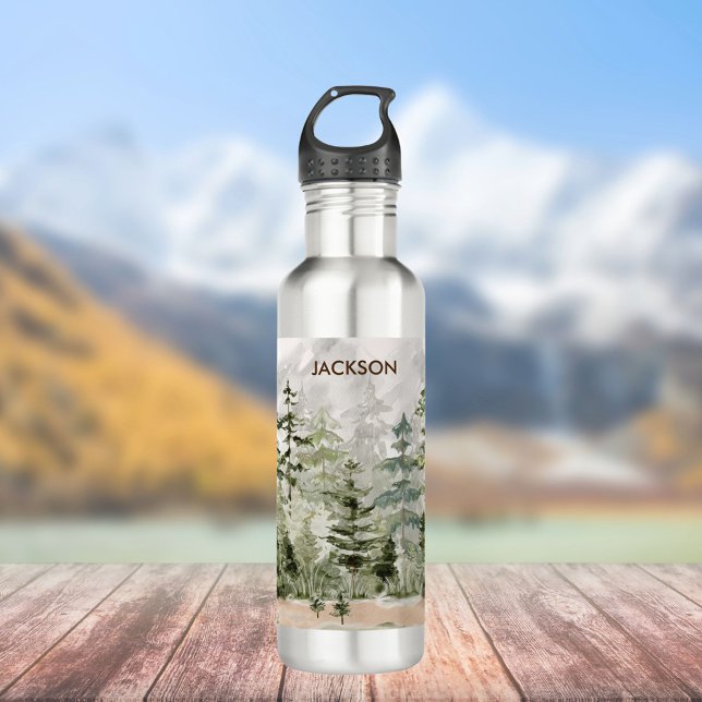 Watercolor Green Pine Forest on Mountain Stainless Steel Water Bottle (In situ)