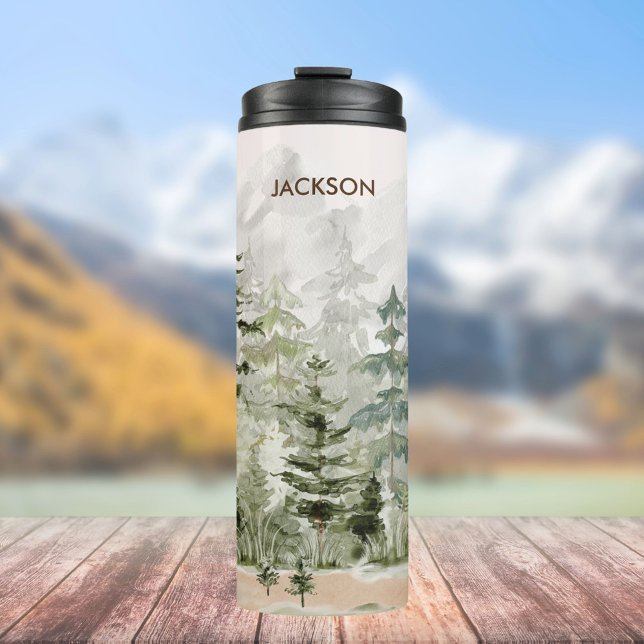 Watercolor Green Pine Forest on Mountain Thermal Tumbler (In situ)