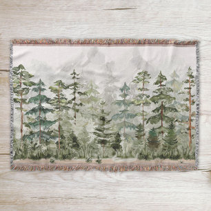 Watercolor Green Pine Forest on Mountain Throw Blanket
