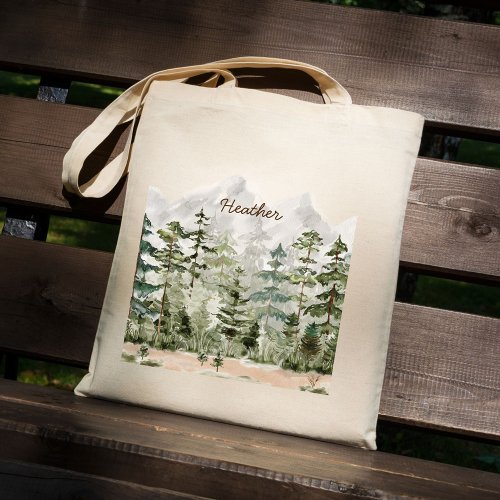Watercolor Green Pine Forest on Mountain Tote Bag