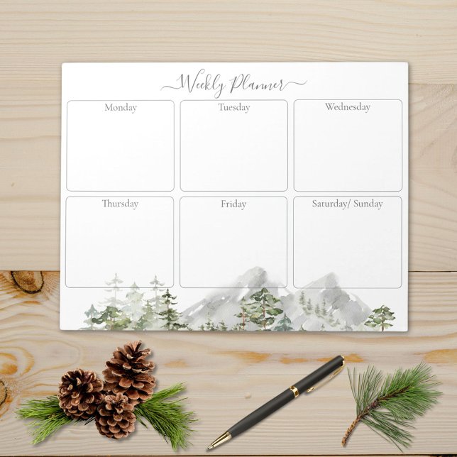 Watercolor Green Pine Forest Weekly Planner Notepad (Close up)