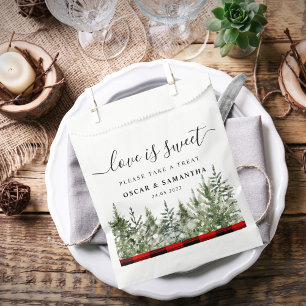 Watercolor Green Pine Tree & Red Buffalo Plaid Favor Bag