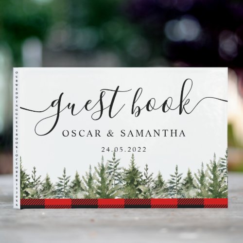 Watercolor Green Pine Tree  Red Buffalo Plaid Guest Book