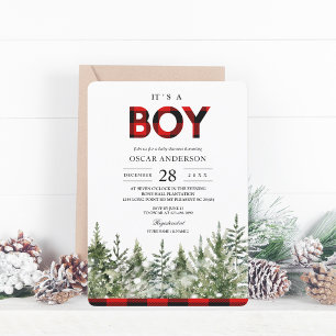 Watercolor Green Pine Tree & Red Buffalo Plaid In Invitation
