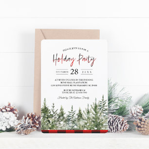 Watercolor Green Pine Tree & Red Buffalo Plaid In Invitation