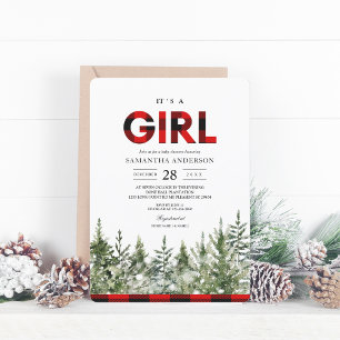 Watercolor Green Pine Tree & Red Buffalo Plaid In Invitation