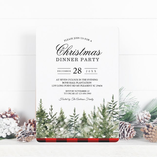 Watercolor Green Pine Tree  & Red Buffalo Plaid In Invitation (Creator Uploaded)