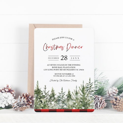 Watercolor Green Pine Tree   Red Buffalo Plaid In Invitation