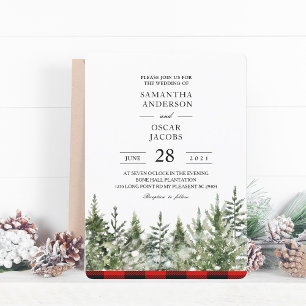 Watercolor Green Pine Tree & Red Buffalo Plaid Invitation