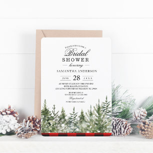 Watercolor Green Pine Tree & Red Buffalo Plaid Invitation