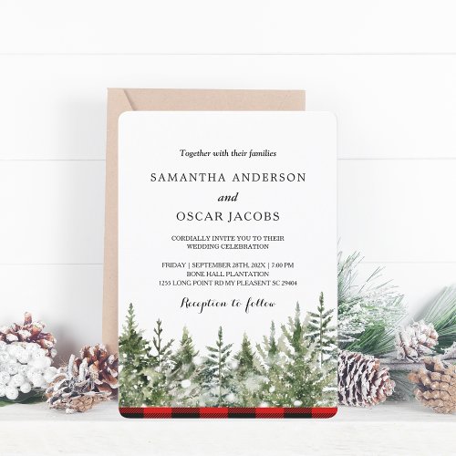 Watercolor Green Pine Tree   Red Buffalo Plaid Invitation