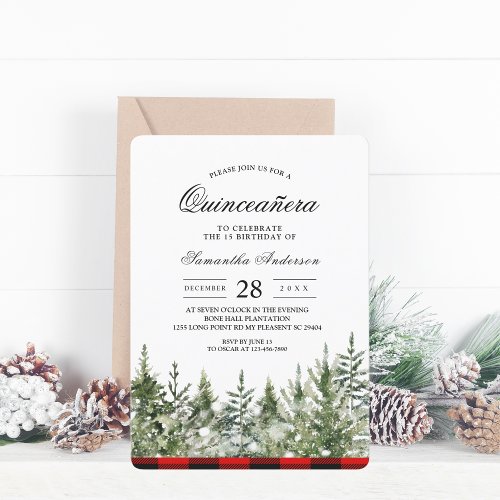 Watercolor Green Pine Tree   Red Buffalo Plaid Invitation