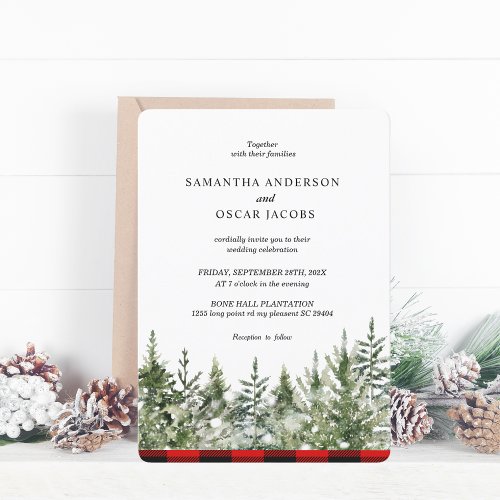 Watercolor Green Pine Tree   Red Buffalo Plaid Invitation