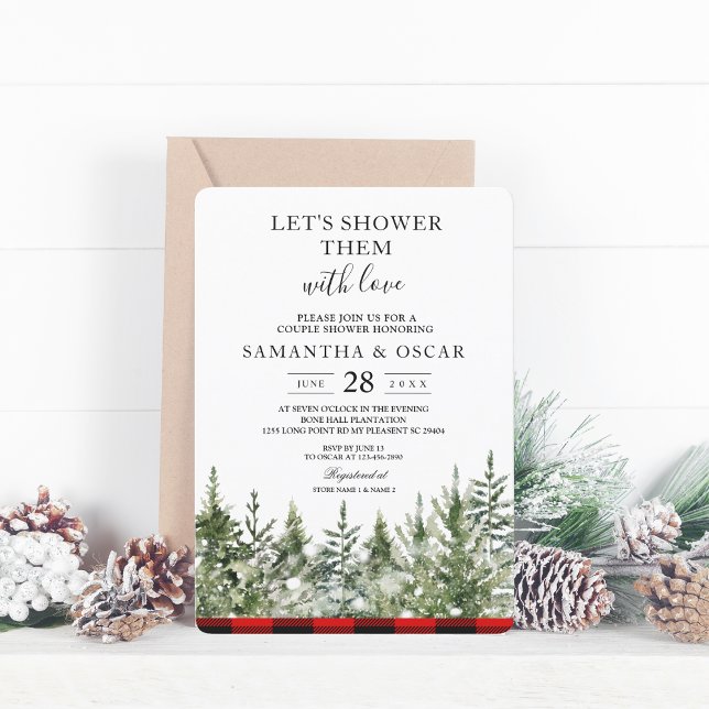 Watercolor Green Pine Tree  & Red Buffalo Plaid Invitation (Creator Uploaded)