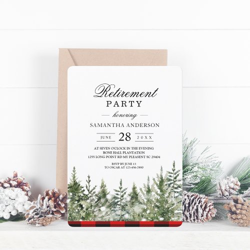 Watercolor Green Pine Tree   Red Buffalo Plaid Invitation