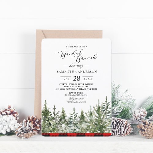 Watercolor Green Pine Tree   Red Buffalo Plaid Invitation