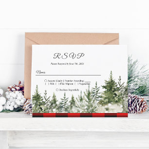 Watercolor Green Pine Tree & Red Buffalo Plaid Invitation Postcard