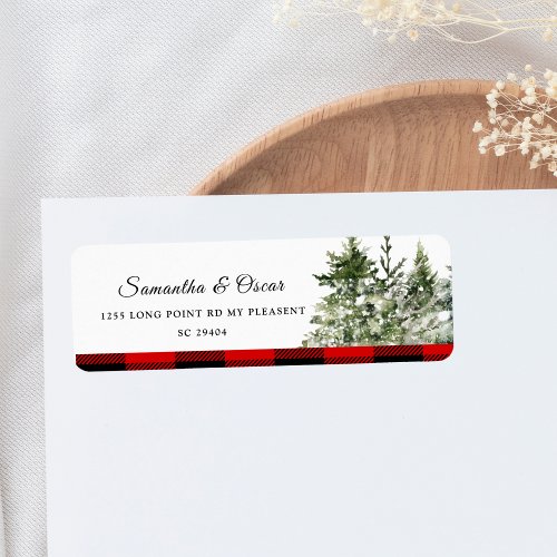 Watercolor Green Pine Tree   Red Buffalo Plaid Label