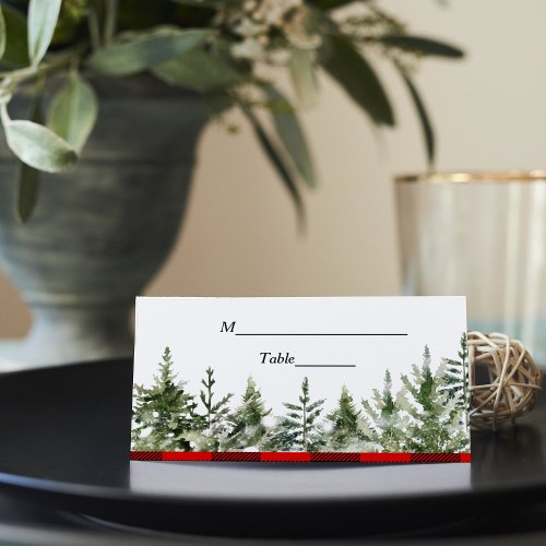 Watercolor Green Pine Tree   Red Buffalo Plaid Place Card