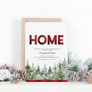 Watercolor Green Pine Tree & Red Buffalo Plaid Sa Save The Date