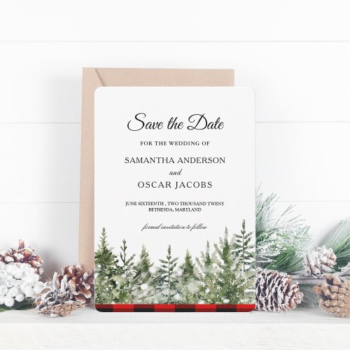 Watercolor Green Pine Tree   Red Buffalo Plaid Save The Date
