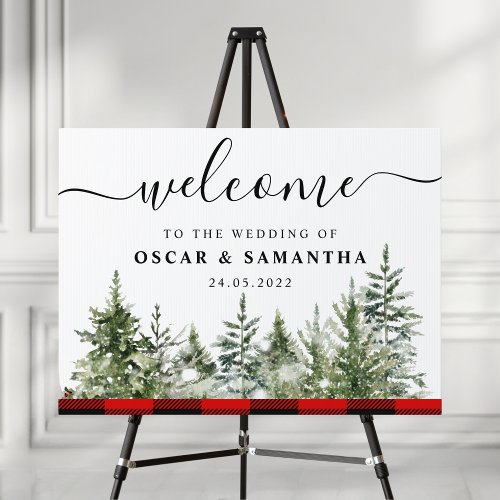 Watercolor Green Pine Tree   Red Buffalo Plaid Sign