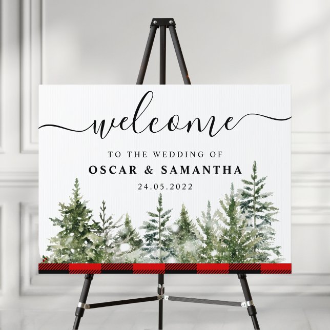 Watercolor Green Pine Tree  & Red Buffalo Plaid Sign (Creator Uploaded)