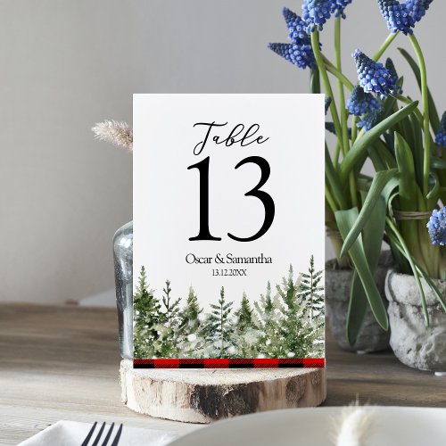 Watercolor Green Pine Tree   Red Buffalo Plaid Table Number