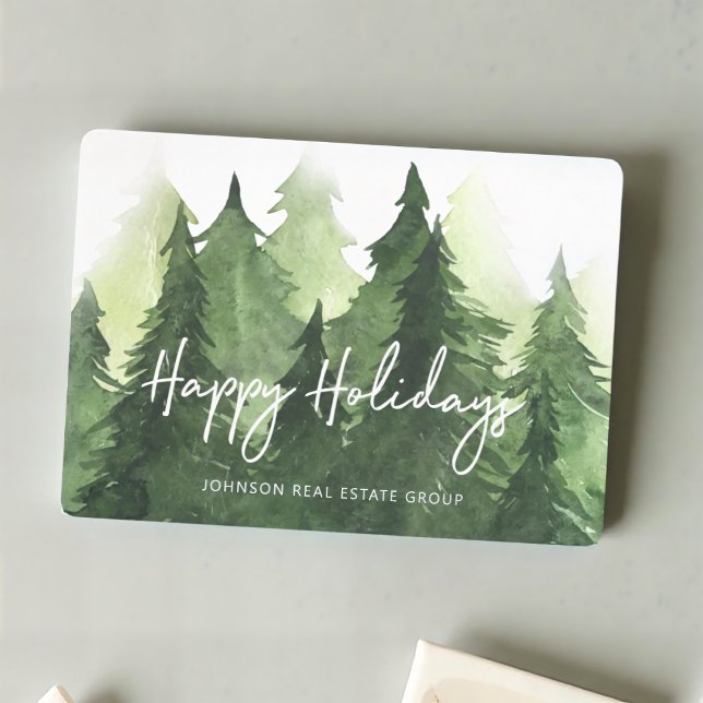 Watercolor Green Pine Trees Business Happy Holiday Card (Creator Uploaded)