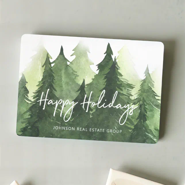 Watercolor Green Pine Trees Business Happy Holiday Card
