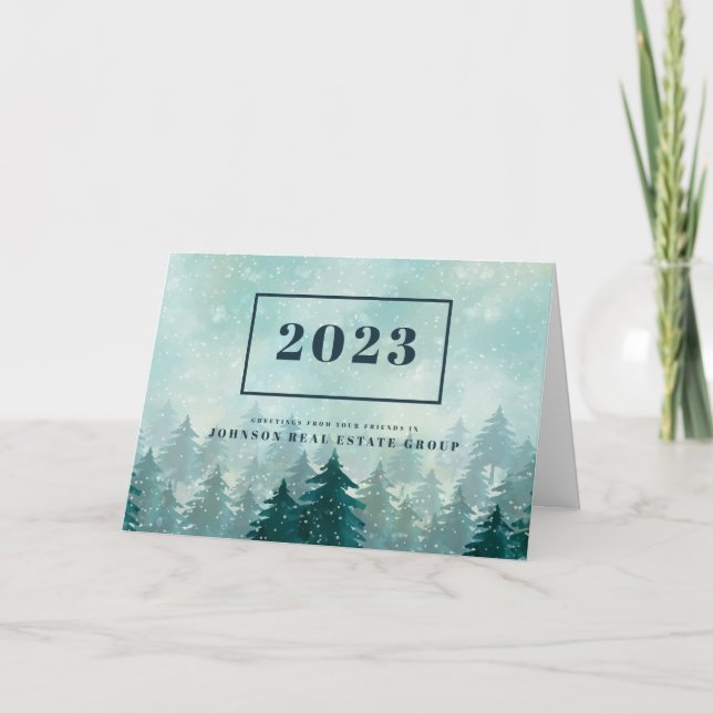 Watercolor Green Pine Trees | New Year's Greetings Holiday Card (Front)