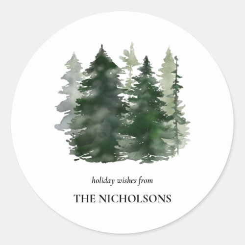 Watercolor Green Pine Trees Simple Holiday Classic Round Sticker