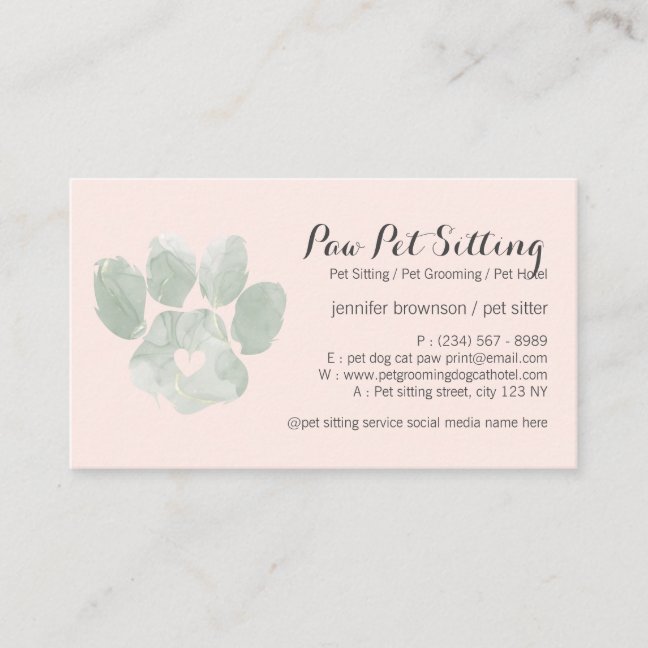Watercolor GREEN pink Pet Sitter Grooming Paw Business Card