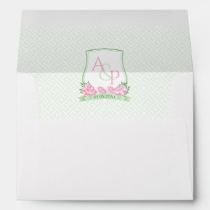 Watercolor Green Pink Wedding Crest Return Address Envelope
