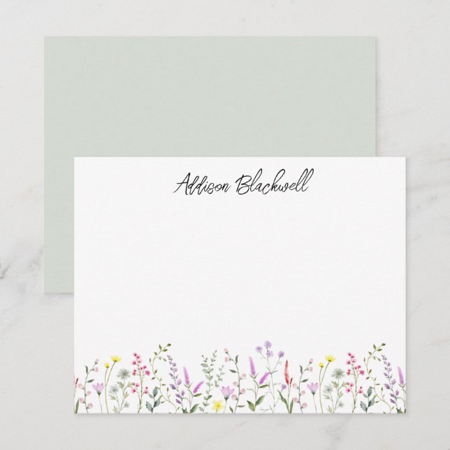 Watercolor Green Pink Wildflower Personalized Name Note Card (Front/Back)