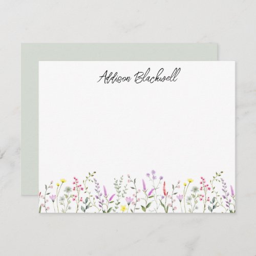 Watercolor Green Pink Wildflower Personalized Name Note Card
