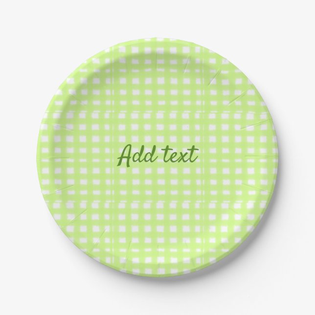 Watercolor green plaid ginham personalized add tex paper plates (Front)